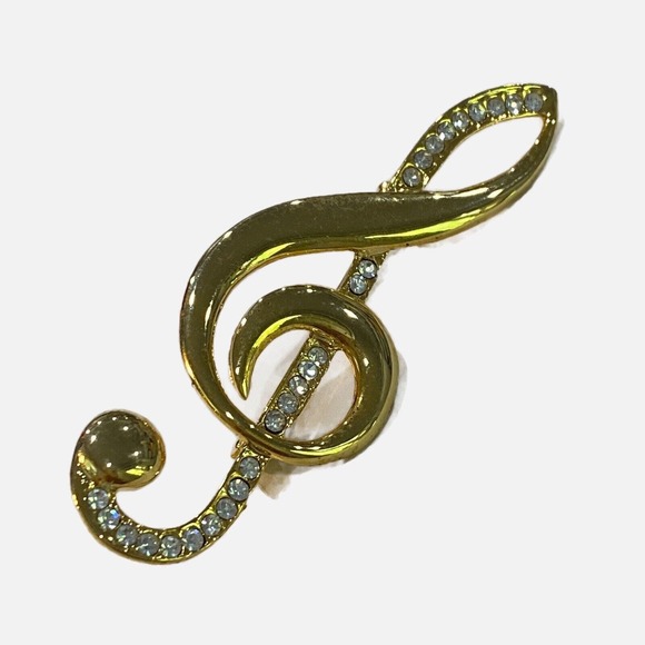Treble Clef Brooch for Music Lovers Goldtone Pin & Clear White Rhinestones - Picture 2 of 5